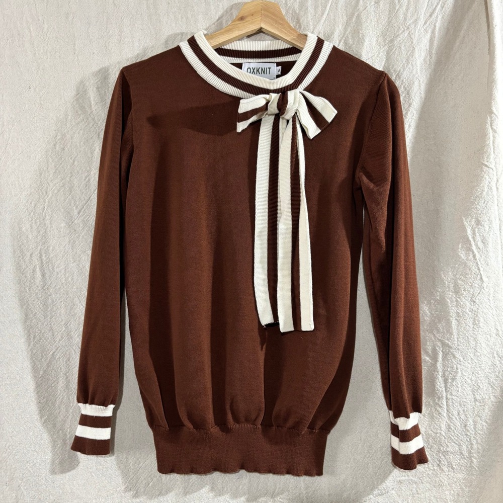 Oxknit Brown Cotton Tie Neck Striped Trim Long Sleeve Sweater Womens Size M